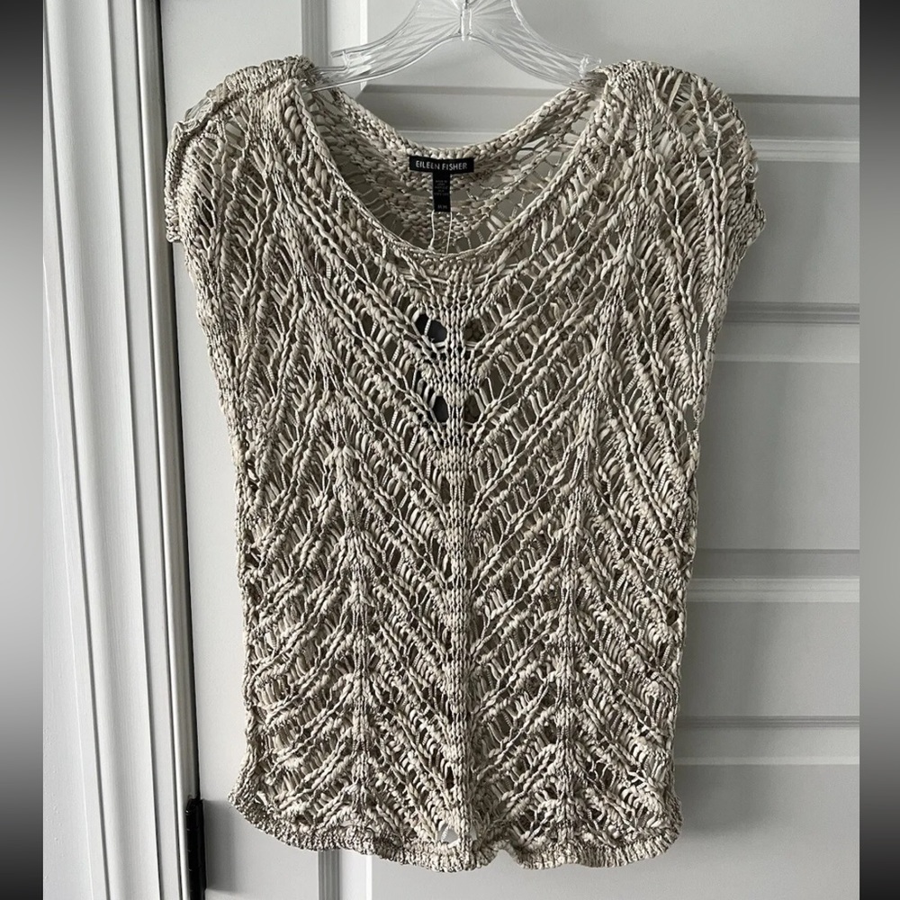 Eileen Fisher Women’s medium Sleeveless Knit Crochet Top Beige Cream NWT